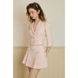 Ensemble robe mini en tweed rose pastel épais à revers crantés et manches régulières, taille haute, vente en gros, Vietnam SERENA KS43 - Product Image 4