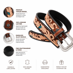 Men's Genuine <b>Leather</b> <b>Tooled</b> Western Belt Decorative Floral Pattern Belt for Casual Wear - Product Image 3