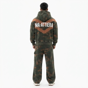 <b>Men</b> Black <b>Green</b> Camouflage Zip Up Hoodie <b>Tracksuit</b> Set Loose Fit Wide Leg Streetwear Custom OEM ODM Wholesale - Product Image 2
