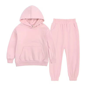 Girls Pink Hooded Tracksuit Full Sleeve Casual Sweatshirt Pants Set Solid Color Breathable Cotton Autumn Wear - Product Image 1