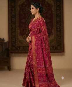 Traditional Indian MYSORE CREPE <b>Saree</b> Women <b>Red</b> With Zari Border Floor Length Regular Fit All Seasons - Product Image 2
