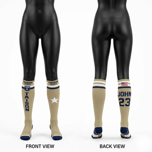 Premium 320 GSM Cotton Nylon Spandex Flag Football <b>Socks</b> Beige Navy Custom Sublimation Knit Logo - Product Image 1