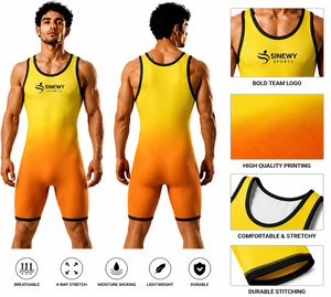ชุดนักมวยปล้ำผู้ชาย SINEWY SPORTS สีเหลืองส้มไล่เฉด คุณภาพสูง ผลิตตามสั่ง ผ้าสแปนเด็กซ์ ระบายอากาศได้ดี - Product Image 1