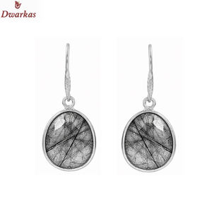 Classic simple <b>earrings</b> <b>solid</b> 925 sterling <b>silver</b> black rutile gemstone dangle drop bezel set <b>earring</b> for ladies and girl - Product Image 2