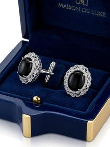 Boutons de manchette ovales en onyx noir, monture filigrane argentée, pour chemise formelle, bijoux de luxe pour homme, cadeau de mariage ou d'affaires - Product Image 5