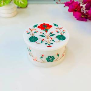 Round Marble Inlaid Jewelry <b>Box</b> <b>Floral</b> Stone Case White Marble <b>Box</b> for Wedding Gift Home Decor - Product Image 1