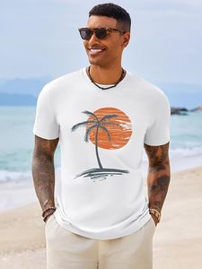 T-shirt en coton blanc pour homme avec imprimé palmier et coucher de soleil, manches courtes, col rond, coupe décontractée, tissu jersey respirant - Product Image 3