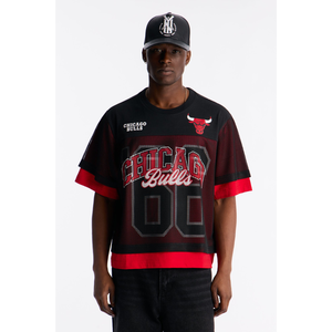 เสื้อยืดคอกลมโอเวอร์ไซส์ทรงฮิปฮอปสำหรับผู้ชาย ผ้าตาข่ายเบิร์ดอาย โพลีเอสเตอร์ 100% ระบายอากาศได้ดี สีแดงดำ - Product Image 1