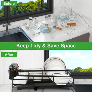 Scolapiatti Retrattile Extra Large con Vassoio Raccogligocce, Antiruggine, Espandibile, Portautensili da Appoggio e per Lavello - Product Image 4