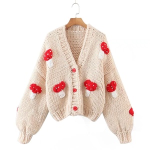 Cárdigan de punto para mujer con apliques de setas, cuello en V, manga farol, suéter informal de otoño - Product Image 4