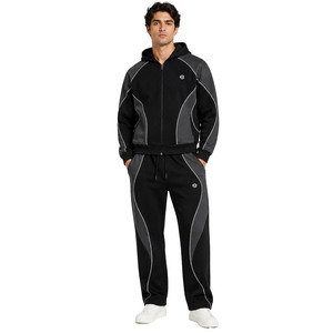Manufacturer Zipper Raglan Sleeve Color Block Piping Hoodies Jogger sets Custom Boxy Fit Workout Wide Leg <b>Tech</b> Heavy Fleece Sets - Product Image 1