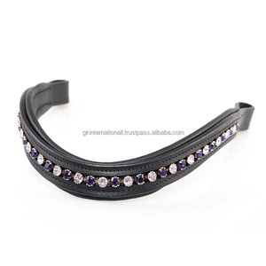 Bande de front de cheval en cuir de canal vide en forme de vague noire de qualité supérieure incrustée de cristaux violets et clairs bande de front de chaîne diamante bling - Product Image 6