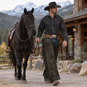 Premium Quality Modern Western Leather Full Chaps <b>Men</b> Fringe Riding Pants | Cowboy Equestrian Leg Protection Belt Buckle Set - Product Image 3