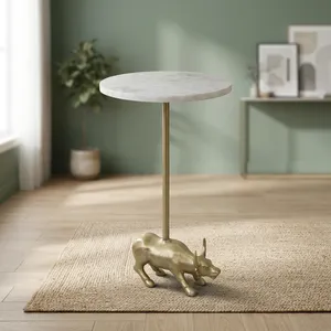 Modern Round <b>Marble</b> <b>Top</b> <b>Side</b> <b>Table</b> with Decorative Bull Metal Base Luxury Accent Furniture for Living Room Bedroom Decor - Product Image 3