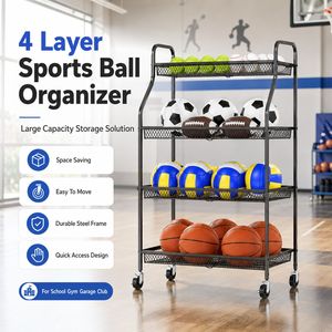 Chariot de rangement à roulettes à 4 niveaux pour équipement sportif avec étagères en treillis métallique pour l'école, la salle de sport et le garage - Product Image 1