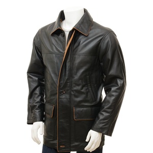 Manteau long ajusté pour homme en cuir véritable, réversible et écologique, grande taille, avec col rabattable et boutons - Product Image 1