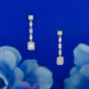 14k Solid <b>Gold</b> Natural Diamond Baguette Milgrain Bezel <b>Dangle</b> Hoop <b>Earings</b> Art Deco Inspired Vintage Style Elegant Fine Jewelry - Product Image 4