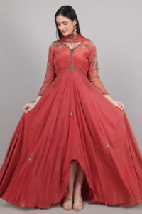 Colección Glam Étnica de Moda, Vestido de Diseñador de 3 Piezas para Mujer, Color Ladrillo, con Cuentas de Lentejuelas y Bordado - Product Image 4