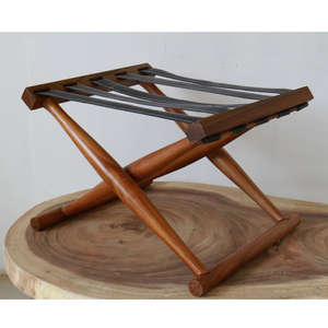 Solid Teak Wood <b>Leather</b> Webbing Foldable Luggage <b>Stool</b> Midcentury Modern Design Commercial Hotel Apartment Furniture Model ST014 - Product Image 1