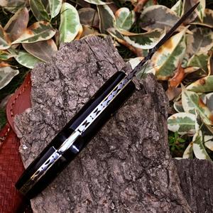 Nordic Forge Industrial Grade Damascus Steel Drop Point Folding Hunting Knife 7-Inch Black Resin Handle Leather Sheath Pocket - Product Image 4