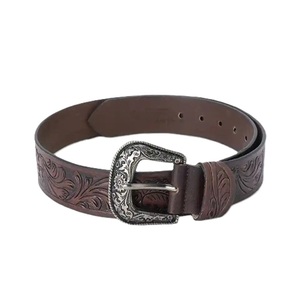 Unisex Full Grain Hand Carved Genuine Western <b>Leather</b> <b>Tooling</b> Belt Floral Engraved Heavy Duty Durable Antique Brass Buckle - Product Image 1