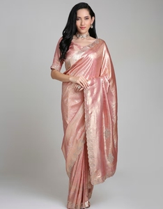 Sari de Seda Rosa Tradicional y Elegante KV con Borde Bordado, para Bodas y Fiestas, Largo hasta el Suelo, Corte Regular, Reversible - Product Image 2
