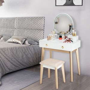 Elegante Set Toeletta in Legno Massello con Specchio Illuminato e Sgabello Imbottito, Finitura Bianco Champagne - Product Image 3