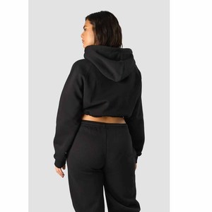 Conjunto de Sudadera con Capucha de Forro Polar de 2 Piezas para Mujer, Manga Larga, Top Corto, Color Negro Sólido, Corte Holgado Informal, para Todas las Temporadas, Ropa Deportiva - Product Image 5