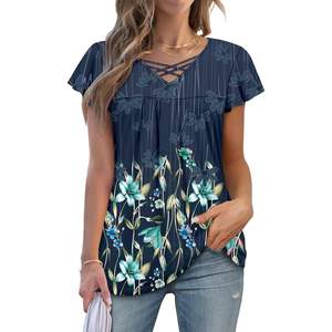 2025 Top de túnica elegante bohemio azul menta XL para mujer con cuello en V favorecedor y mallas camisa de manga corta - Product Image 3