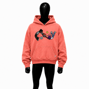 Sweat à capuche rose corail avec illustration de personnage ludique, effet délavé texturé, style streetwear, coupe oversize, décontracté, unisexe - Product Image 1
