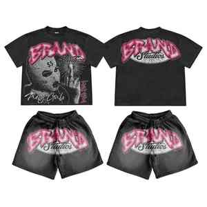 Ensemble T-shirt et short d'été personnalisé avec impression DTG délavée à l'acide, logo personnalisé, 2 pièces, mélange polyester/coton, séchage rapide, haute qualité, pour homme - Product Image 1