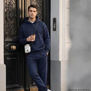 Ensemble de survêtement décontracté pour homme, bleu marine, à capuche, couleur unie, manches longues, 100 % coton, respirant, poids moyen, coupe classique - Product Image 5
