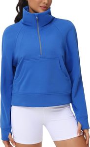 Women's' Half <b>Zip</b> Pullover Fleece Stand Collar <b>Crop</b> Sweatshirt with Pockets Thumb Hole Unlined Polyester/Cotton Blend Knitted - Product Image 5
