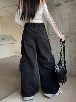 Celana Cargo Pria Pinggang Tinggi Model Kaki Lebar Bahan Kanvas Stonewashed Banyak Kantong Gaya Workwear Kancing Depan Cocok untuk Musim Gugur