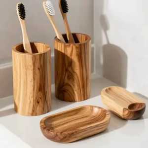 Wooden dual tier cylindrical <b>toothbrush</b> and toothpaste <b>holder</b> stand bathroom accessories organizer eco friendly storage - Product Image 3