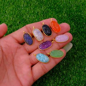 Gold Plated Unique Fashion Jewelry Pink Chalcedony Flower Carved Pendants with Bezel Set Oval Shape Floral Design Charms - Product Image 6