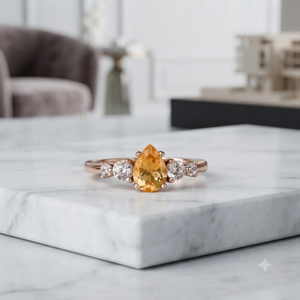 Bague de fiançailles en citrine taille poire, argent 925 et plaqué or, avec pierre latérale en moissanite or rose pour femme - Product Image 3