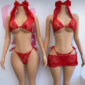 Ensemble de bikini en dentelle pour femmes, trois pièces, dentelle florale transparente, maillot de bain triangle, vacances à la plage, mode estivale - Product Image 2
