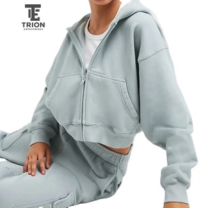 Precio al por mayor, superventas: Sudadera con capucha corta oversize con cremallera para mujer, con lavado ácido, estilo vintage y holgado. - Product Image 2