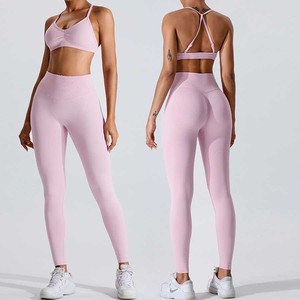 Seamless Mid Elastic Yoga Set <b>Women</b> Crisscross Back <b>Peach</b> Lift Sportswear Tight Fit Breathable Workout Outfit Outdoor Gym - Product Image 2