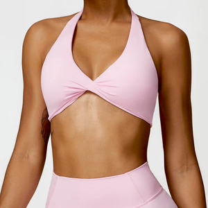 Women Seamless Twist <b>Halter</b> Sports <b>Bra</b> Deep V <b>Neck</b> Medium Support Yoga Workout Green - Product Image 5