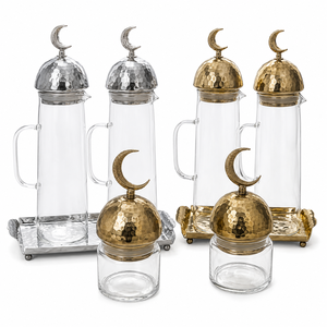 Atractivo tarro de cristal para almacenamiento, bandeja de metal plateado martillado y tapas de cúpula de luna creciente, vajilla y utensilios de mesa al por mayor estilo islámico - Product Image 1