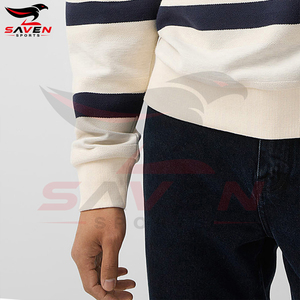 Sweat-shirt rayé pour homme en gros, col rond, épaules tombantes, rayures horizontales blanc cassé et bleu marine, personnalisable, pour tenue décontractée - Product Image 5