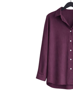 Ensemble deux pièces en lin bordeaux pour femme, chemise à manches longues boutonnée et pantalon large à taille élastique, tenue décontractée - Product Image 3