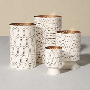 White Steel Candle Holders <b>Set</b> With Geometric Cutout Pattern Heat Resistant Cylinder <b>Lanterns</b> For Home Decoration - Product Image 2