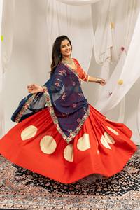 Women Indian Pakistani Traditional Cotton Floor-Length <b>Red</b> <b>Lehenga</b> Choli with Navy Blue Embroidered Dupatta for <b>Wedding</b> Occasion - Product Image 2