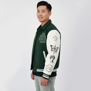 Custom Logo Men's Winter Varsity Letterman Bomber Jacket Streetwear Y2K Vintage Green Wool Blend Sheep Embroidery Graphic Patch - Product Image 6