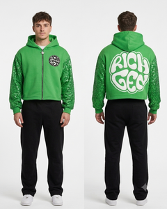 เสื้อฮู้ดครอปผู้ชาย Rich Gen แบบมีซิปด้านหน้าและด้านหลัง โลโก้ปักเลื่อมที่แขน สไตล์สตรีทแวร์ ผ้าฟลีซทรงโอเวอร์ไซส์ เสื้อฮู้ดสำหรับฤดูใบไม้ร่วง - Product Image 4