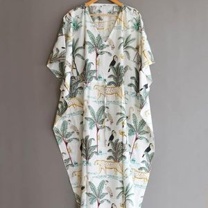 Vestido Maxi con Estampado Tropical, Cuello Redondo, Manga Corta, Corte Holgado, Estilo Safari, Vestido Casual de Verano de Algodón Tejido - Product Image 4