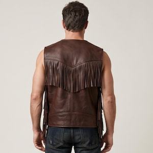 Chaleco de Cuero para Hombre, Cuero Genuino, Estilo Occidental, Chaleco con Flecos de Cuero Marrón, Estilo Vaquero Occidental - Product Image 5